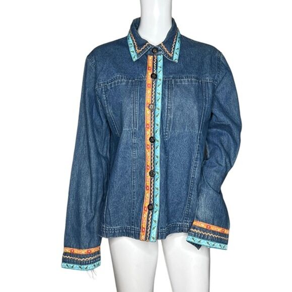 Tantrums Shirt Womens Medium Blue Denim Multicolored Rick-Rack & Ribbon Bohemian - Picture 1 of 7